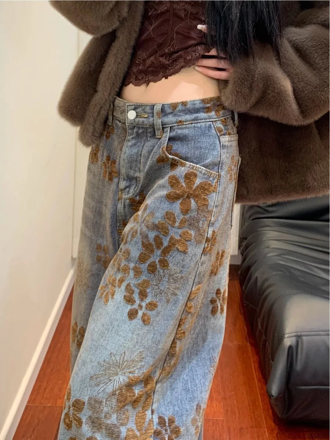 Retro American Design Embroidered Fleece High Waist Loose Wide Leg Thickened Jeans High Waist Ladies Casual Pants