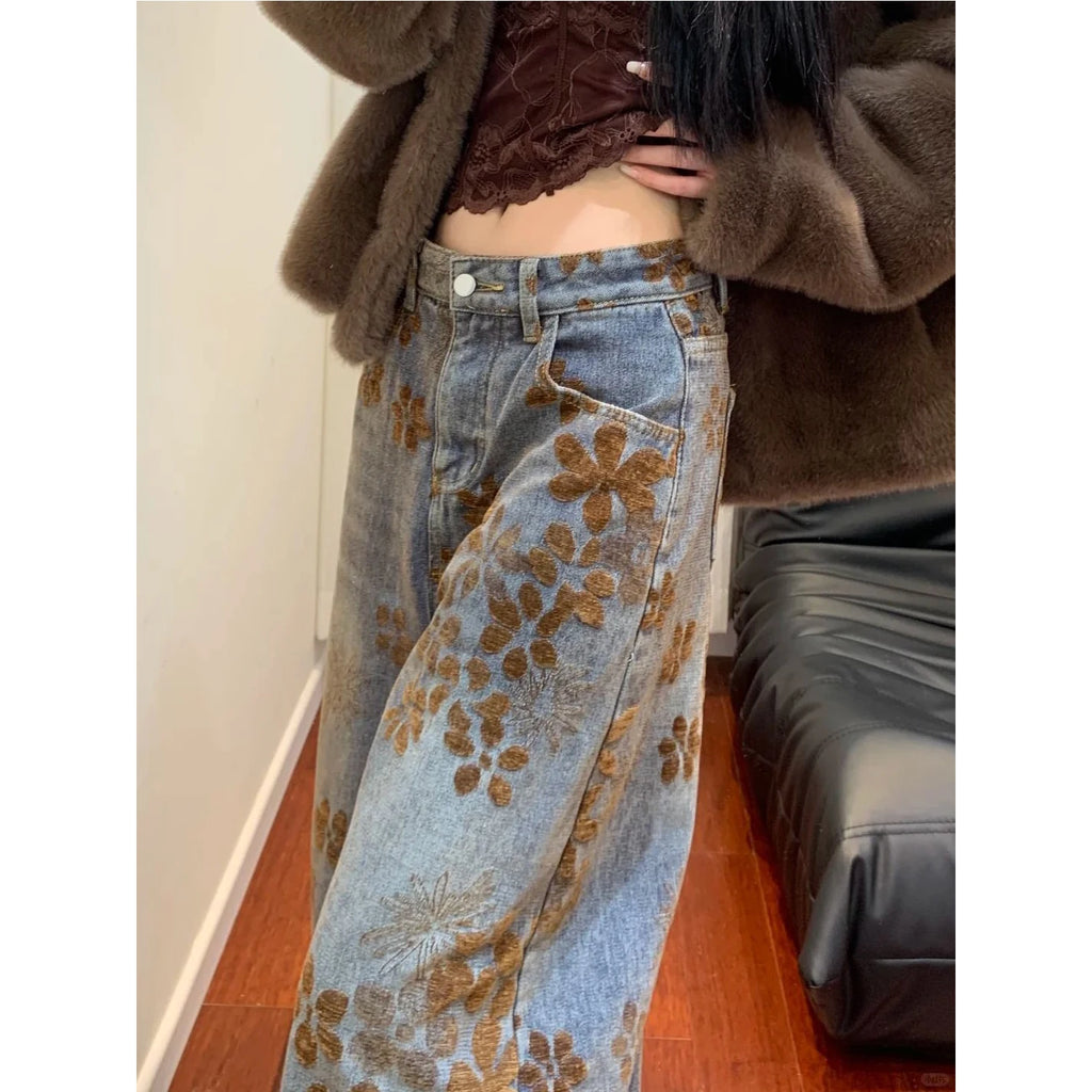 Retro American Design Embroidered Fleece High Waist Loose Wide Leg Thickened Jeans High Waist Ladies Casual Pants