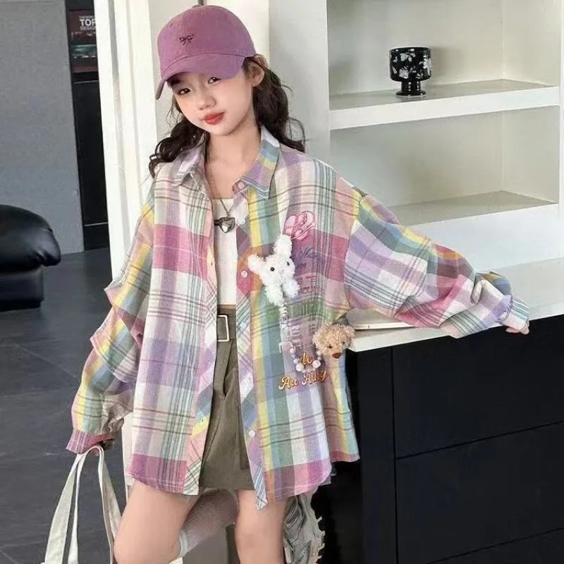 Plaid Shirt for Tween Girls 2025 Spring Casual Floral Print Long Sleeve Outerwear Children's Garment Trendy