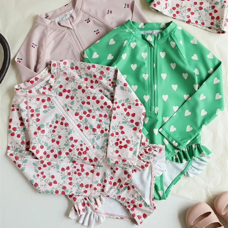 deer jonmi New 2026 Summer Toddlers Girls Printed Long Sleeve Swimsuits Ruffles Sunproof One-piece Children Beach Swimwear