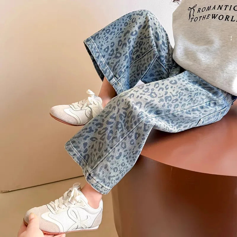 Girls Pants Spring Clothing New Children's Fashionable Jeans Leopard Pattern Wide Legs for Baby Girls