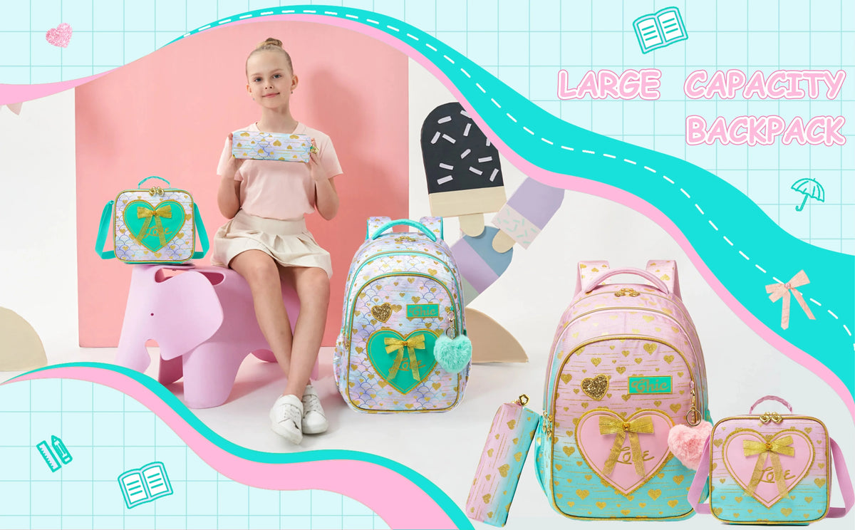 3PCS Girls School Backpack Set with Lunch Tote and Pencil Case Lightweight Elementary Bookbag for Kids Back To School Mochila