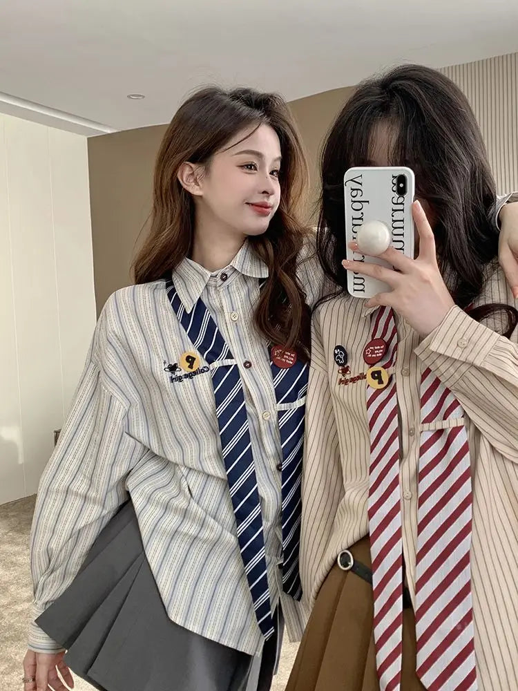 Striped Shirts Women Baggy Preppy Sweet Teens Youth Girlish Japanese Street Personal Designer Harajuku Ins Fashion Clothing Cozy