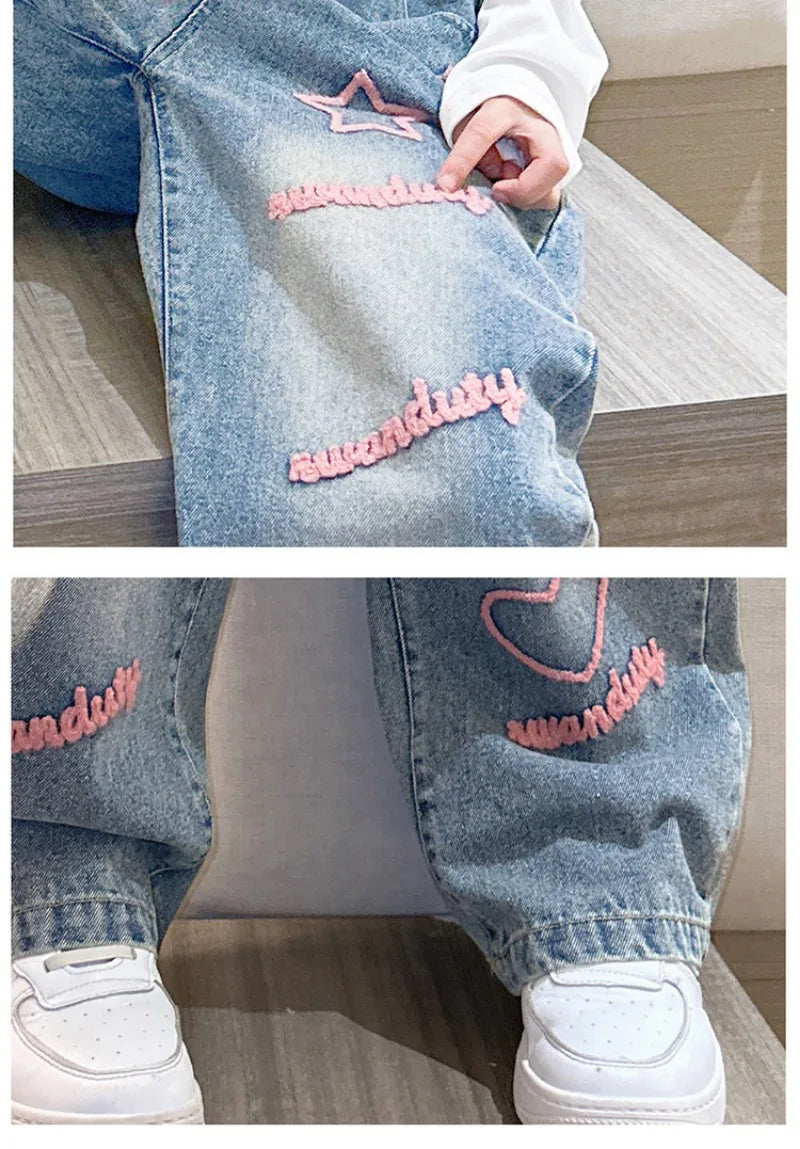 New 2024 Spring  Girls Jeans Stars Love Towel Embroidered wide Leg Long pants Baggy Denim Trousers for 4-13yrs Kids Girl